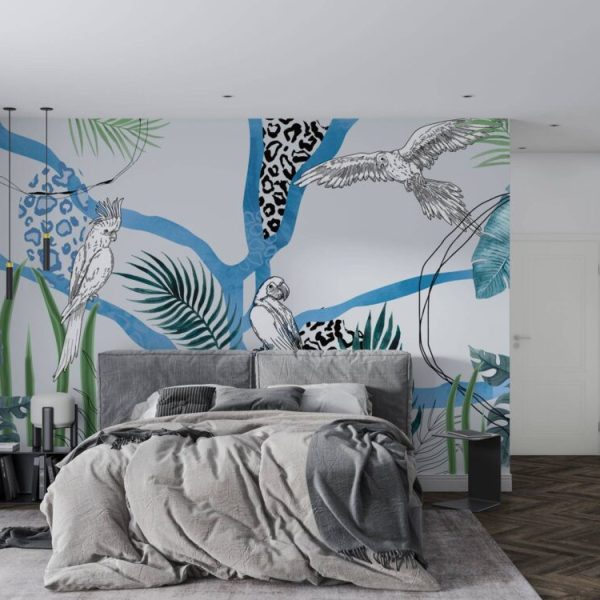 Parrots On A Blue Tree Wall Mural