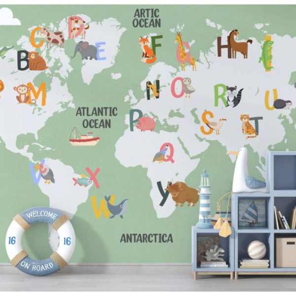 Alphabet And Animals World Map Wall Mural