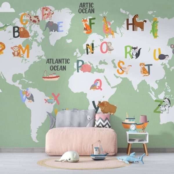 Alphabet And Animals World Map Wall Mural