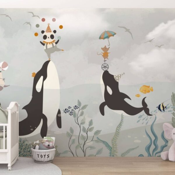 Whales Panda Fishes Kids Wall Mural