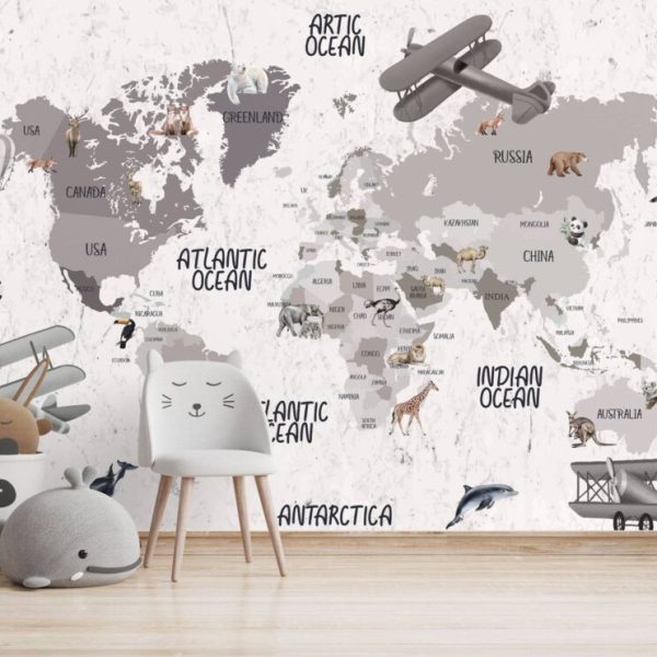 Gray Tones World Map Wall Mural