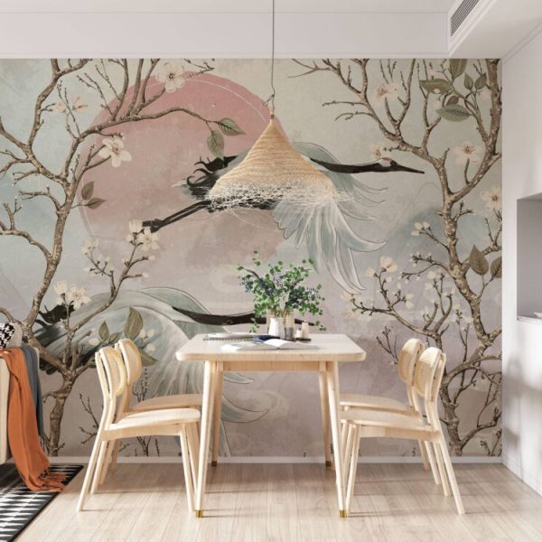 Branches Cranes Flying Sunrise Wall Mural