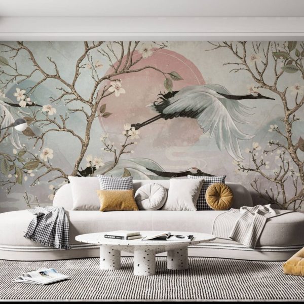 Branches Cranes Flying Sunrise Wall Mural