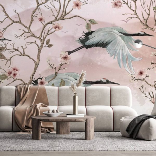 Floral Branches Cranes Flying Wall Mural