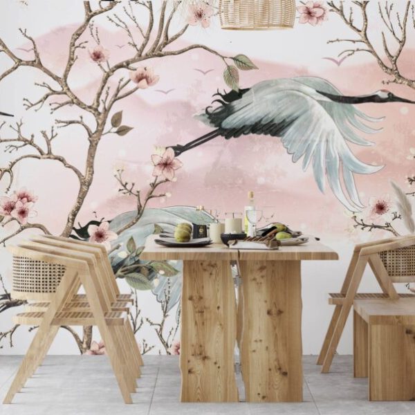 Floral Branches Cranes Flying Wall Mural