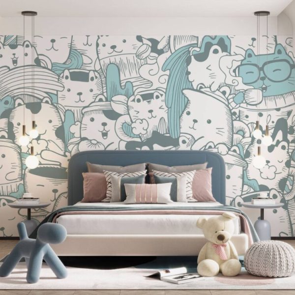 Blue Cartoon Cats Covered Wall Mural