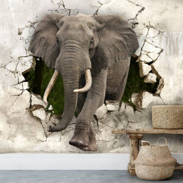 3D Elephant Crashes Into Room Wall Mural