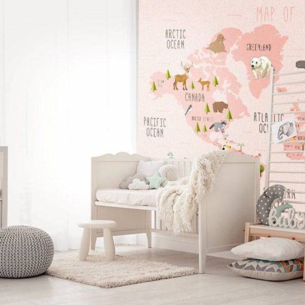 Pink World Map Girly Room Wall Mural