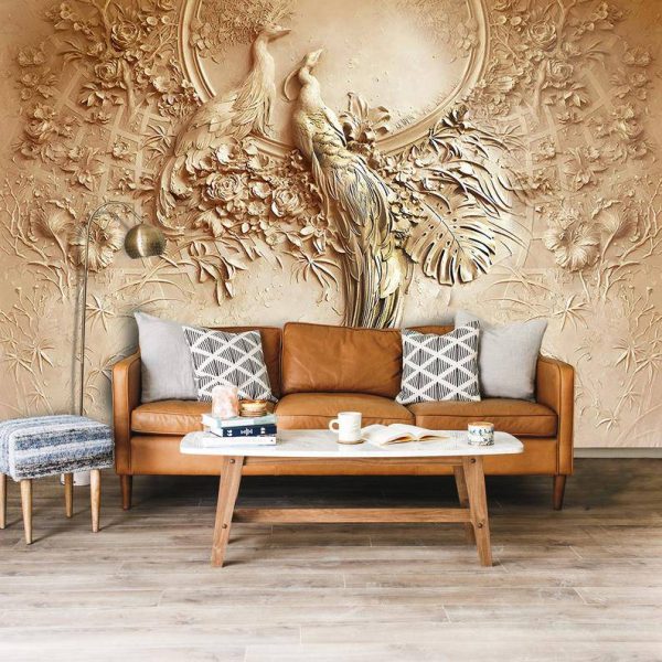 3D Peacock Birds And Flowers Wall Mural