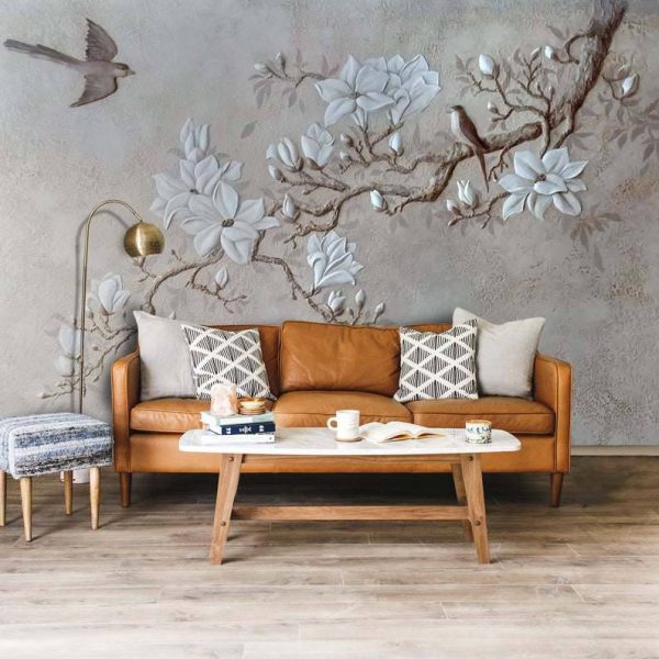 Floral Cement Birds On Wall Mural