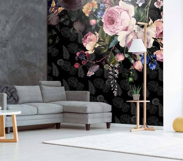 Dark Background Pink Floral Wall Mural